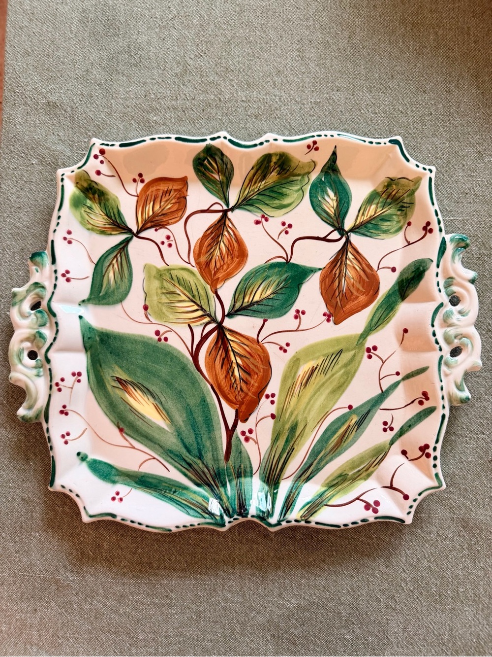 Large 14” Italian Majolica Ceramic Platter Leaf Pattern KBNY Hand Painted VTG